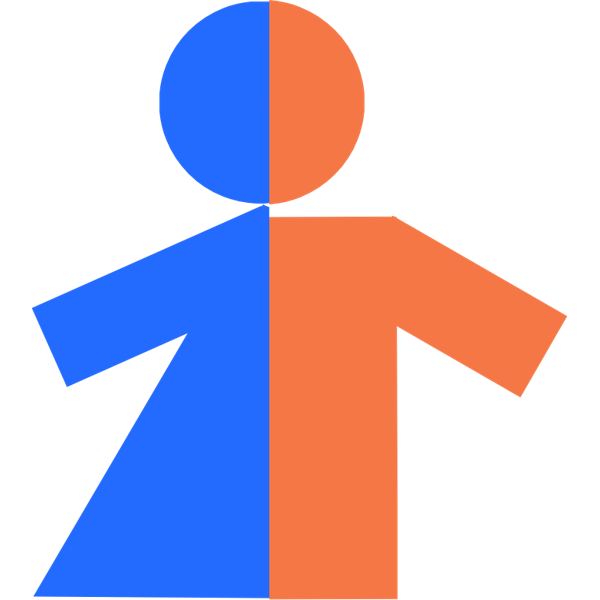 A blue and orange figure, split down the center, with a dress to the left and a shirt to the right.